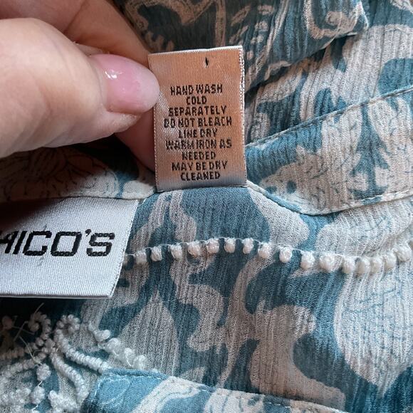 Chico's Blue Floral Longsleeve Semi Sheer Silk Embroidered Boho Peasant Top 2 - Picture 10 of 11